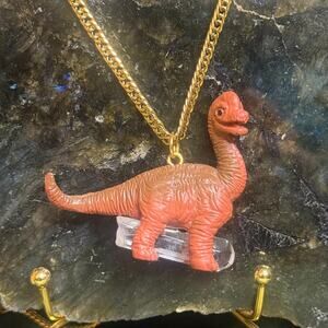 Vintage Gold Chain Dinosaur Necklace with Clear Quartz Crystal Point Pendant